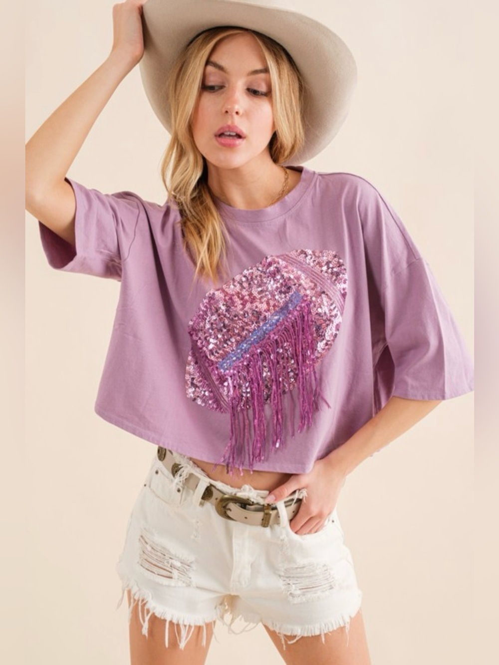 NWT purple Cropped Tee with purple Fringe Football Design Medium Blue b